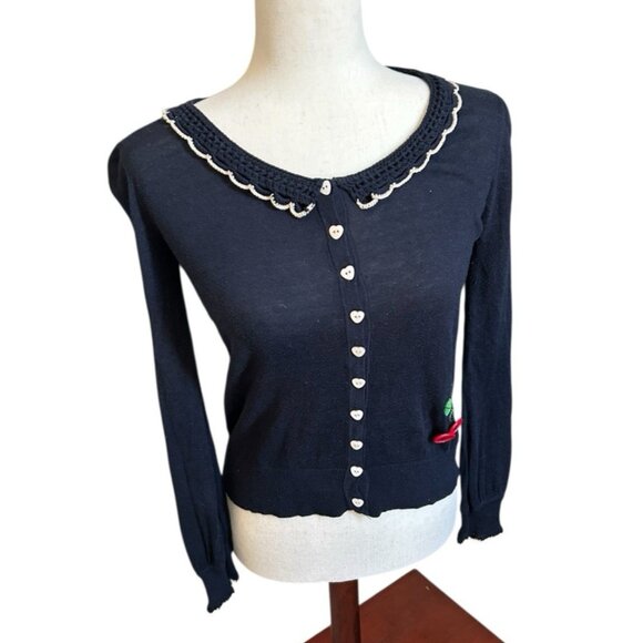 Ladies Cardigan Embroidered Collar Long Sleeve Cherries Navy Size Medium Topshop - Picture 10 of 12